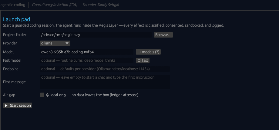 The CIARUSTCODE native desktop app launch pad: project folder, provider and model pickers, an optional fast-model for routine turns, and an air-gap toggle — 'local-only, no data leaves the box (ledger-attested)'.
