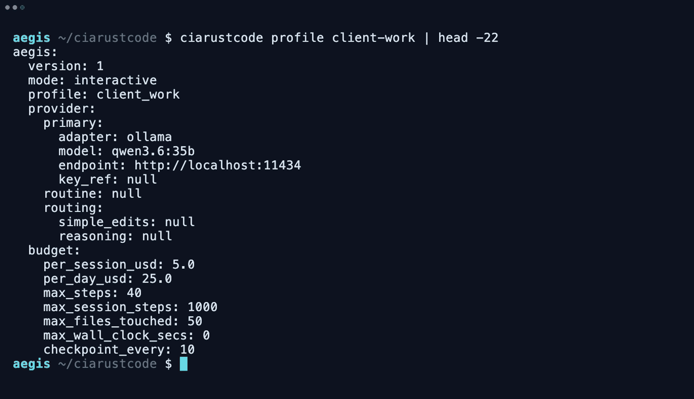 ciarustcode profile client-work printing the complete effective policy YAML — profile, provider, and the budget caps: per-session and per-day spend, max steps, files touched, checkpoint cadence.