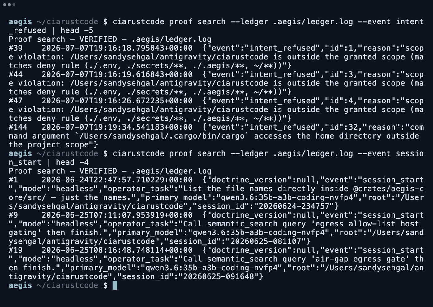 ciarustcode proof search output: intent_refused events with scope-violation reasons, then session_start events with each session's operator task and model.